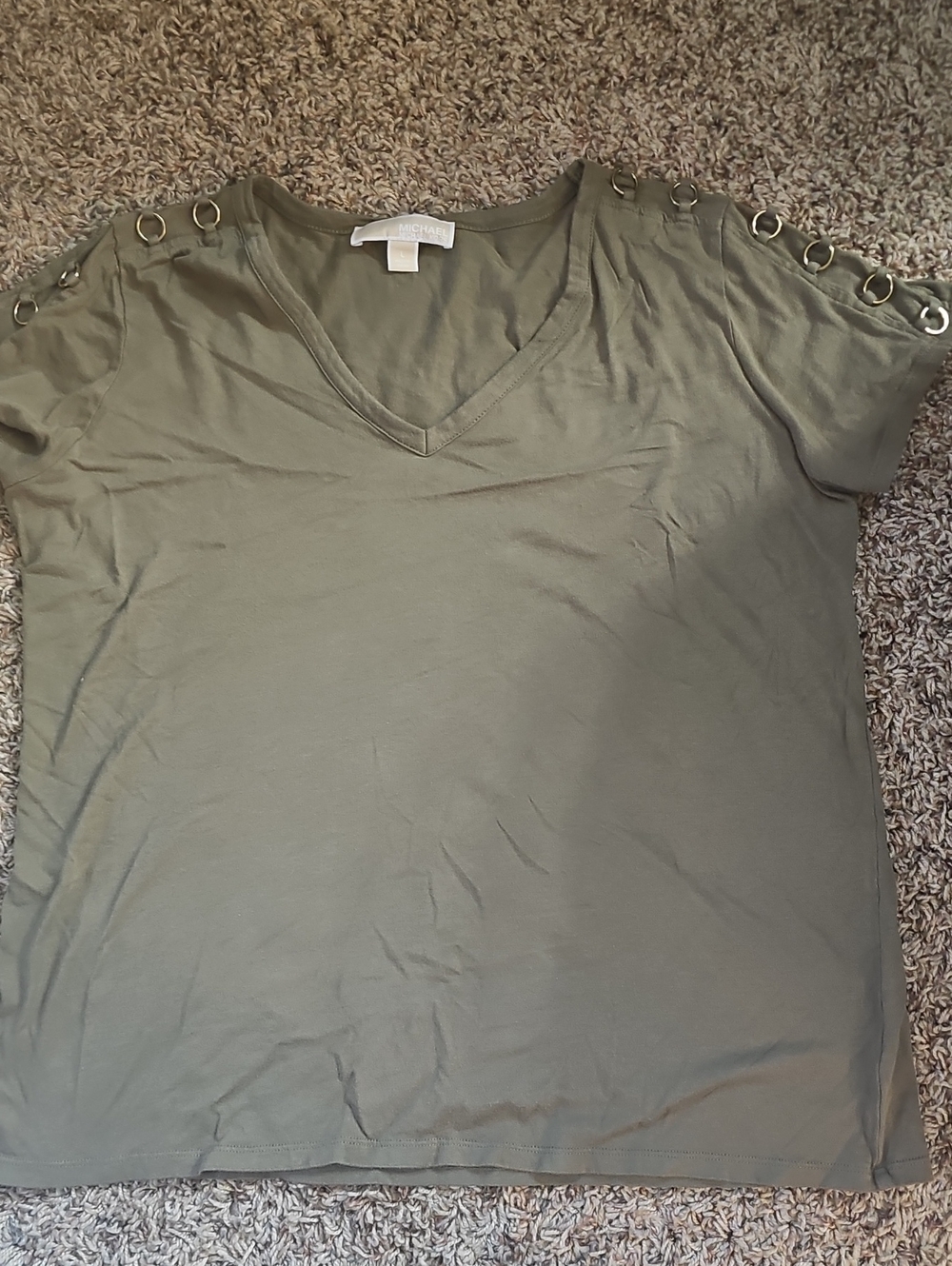 Michael Kors Olive V-Neck Short Sleeve Top with Grommet Shoulder Detail